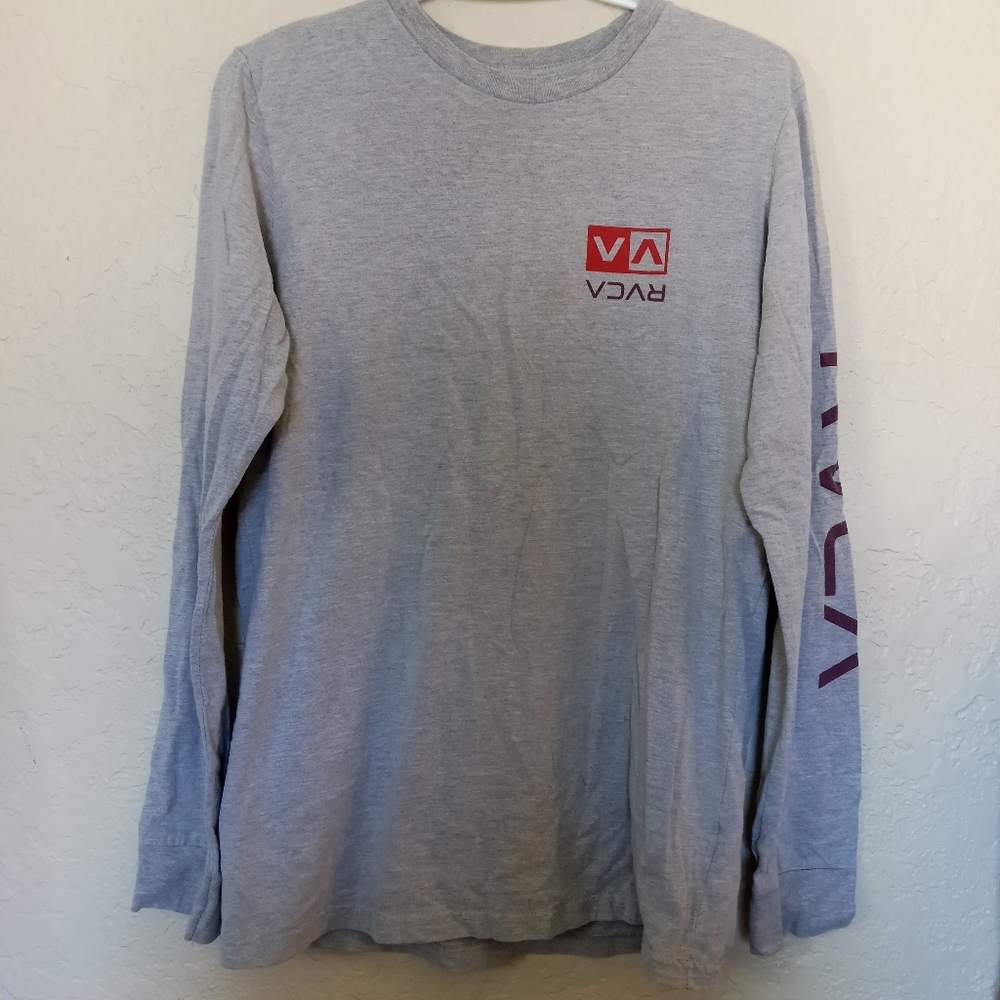 RVCA Men's Long Sleeve Tee Grey with Logo Graphic